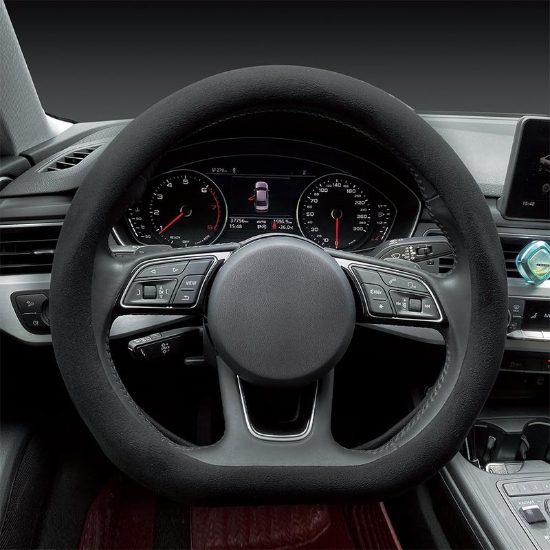 Carodi Suede Steering Wheel Cover ï¼Œ Non-Slip Leather Car Interior Fitting 15-inch Universalï¼ˆD-Shape,Blackï¼‰ - Image 1